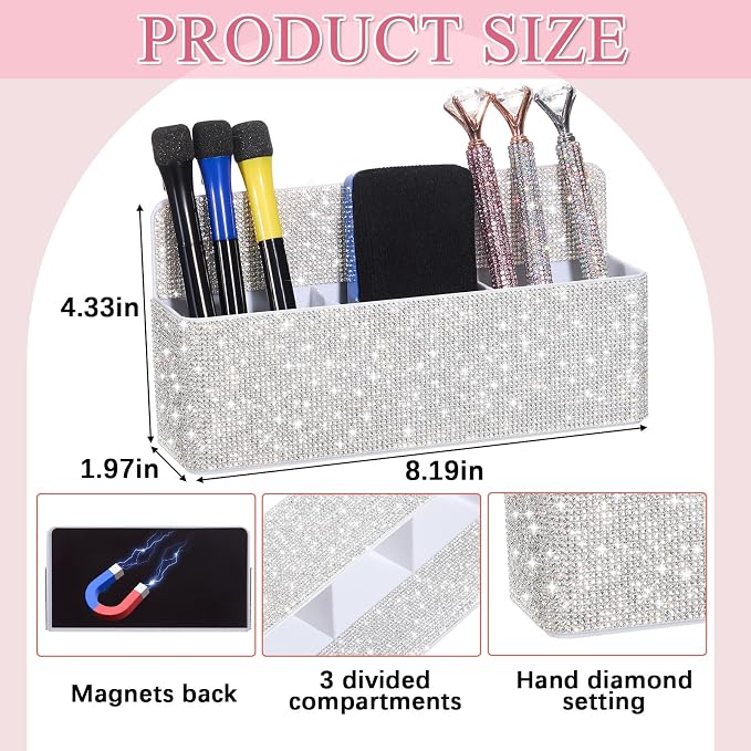 MotiMind White Locker Accessories for Girls, Bling Magnetic Pen Holder for Refrigerator, Back to School Rhinestone Marker Holder for Locker, Sparkly Gift for Student (Large,Rhinestone)