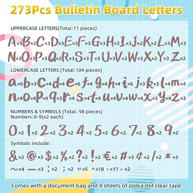 273 Pcs 4 Inch Glitter Bulletin Board Letters Set - Poster Board Letter Cutouts with Alphabet, Symbols, Numbers, Storage Bag - Classroom Decor, DIY Projects, Teacher Supplies, Office (Brown)