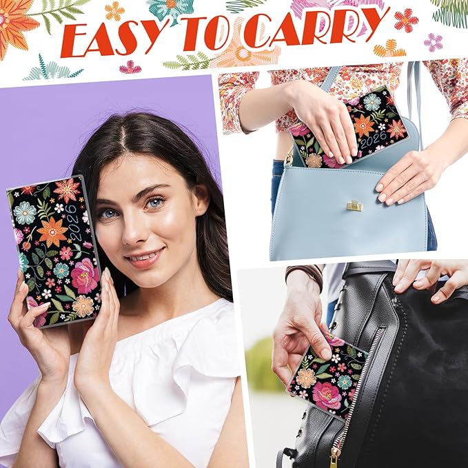 Gueevin 2026 Pocket Calendar for Purse with Pen Small Pocket Planner Handy Weekly Monthly Planner Journal Writing Notebook Valentine New Year Gift Sister Friend Women(Embroidery Floral,Orange Red)