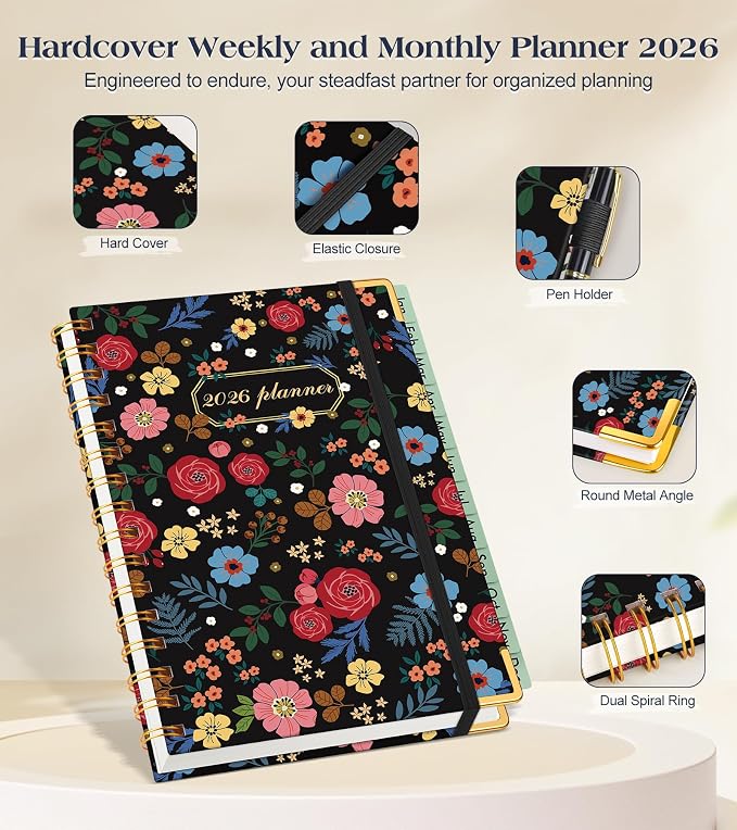 2026 Planner, Hardcover Weekly and Monthly Planner for Women, January 2026 - December 2026, Spiral Yearly Agenda Organizer Book 2026 with Tabs, Daily Calendar Planners for School Work Home, A5 (5.75" x 8.38"), Rose Floral