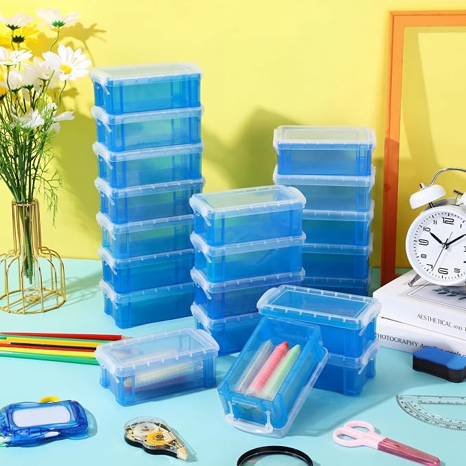 Briwooody 30 Pcs Color Plastic Crayon Box with Lid Color Clear Crayon Organizer Stackable Storage Container Bulk Pastel Holder Case for Office School Classroom Supplies Pen Pencil Art (Blue)