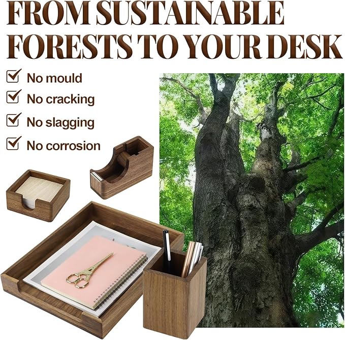 MultiBey 4PCS Walnut Wood Office Supplies Set, North America Black Walnut Lettle Tray and Tape Dispenser Organizer Wood Desk Accessories Sticky Notes Memo Pad Holder and Pencil Holder