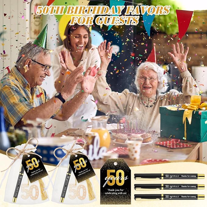 Spakon 25 Set 50th Birthday Party Favor for Guest Anniversary Party Favor Golden Birthday Bookmark Thanks Coming Pen with Tag Appreciation Gifts for Fathers Day Women Men Wedding Anniversary