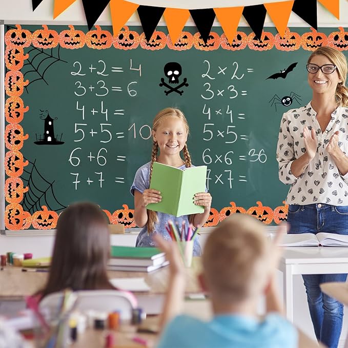 JarThenaAMCS 60 Pcs Halloween Bulletin Board Borders Orange Laser Pumpkin Face Border Trim Sparkly Self-Adhesive Sticker Decals for Holiday Party Home Classroom