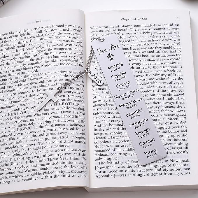 Christian Gift, 2025 Bible Verse Cross Charm Metal Bookmark for Women & Men, Faith-Based Religious Book Mark Gift for Book Lovers, Silver