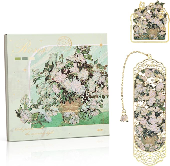 Luxury Metal Bookmark & Book Clip Gift Set, Oil Painting Themed Roses, 1 Bookmark with Pendant + 1 Book Clip, Elegant Christmas New Year Gift Box for Women Book Lovers Writers Readers Teenage