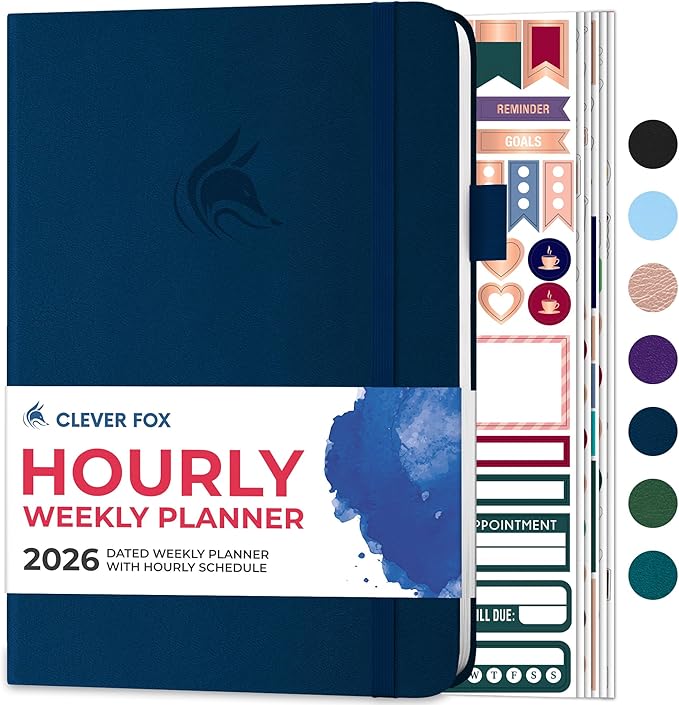 Clever Fox Dated Hourly Weekly Planner 2026 – Daily, Monthly & Yearly Agenda Organizer with Time Slots – Hardcover Journal, A5 Size (Dark Blue)