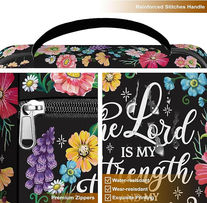 Floral Faith Bible Cover for Women with Handle and Zipper Pocket, Canvas Scripture Case with Psalm Verse, Fits Standard Size Bible, Christian Gift for Mom Daughter Church Use