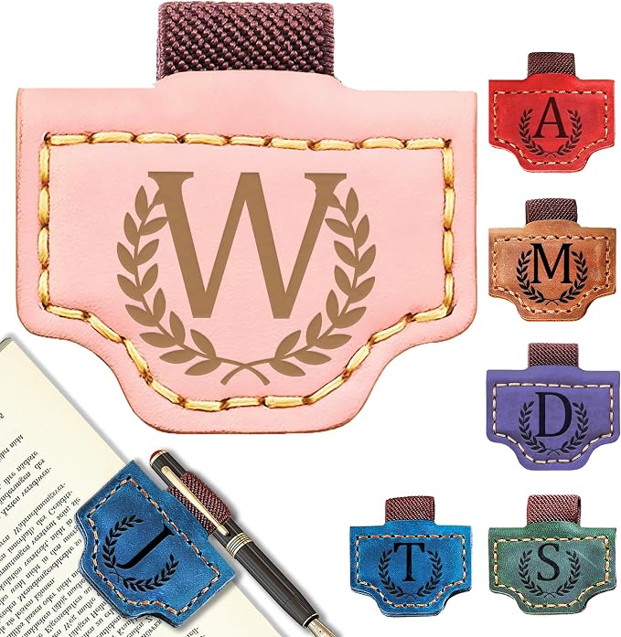 Personalized Leather Magnetic Bookmark with Pen Holder, Bookmark 26 Letters Name Initial Bookmarks for Readers, Book Lover Gifts for Women Men Notebook Accessories (Pink, W)