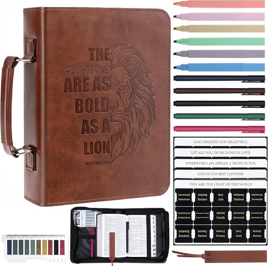 XKDOUS 20 Pcs Leather Bible Cover Case Kit Men's Bible Bag with Tabs, Pens, Study Supplies Portable Carrier Church Book Holder Christian Gift Father Day for Dad, Mom, Men, Women