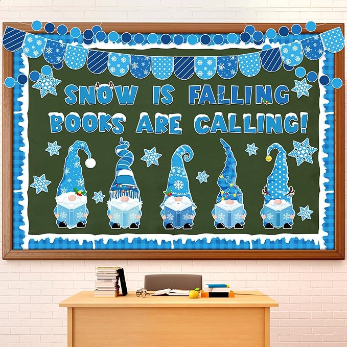 Winter Gnome Bulletin Board Set Snow is Falling Books are Calling Reading Classroom Decorations Blue Banner Snowflakes Paper Cutouts for Office Library Reading Corner Wall Holiday Display