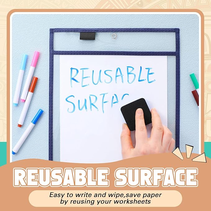 24 Pcs Dry Erase Pocket Reusable Sleeves 10" x 14" Clear Plastic Sheet Protectors with Markers and Mini Dry Erasers for Paper(Advanced Boho)
