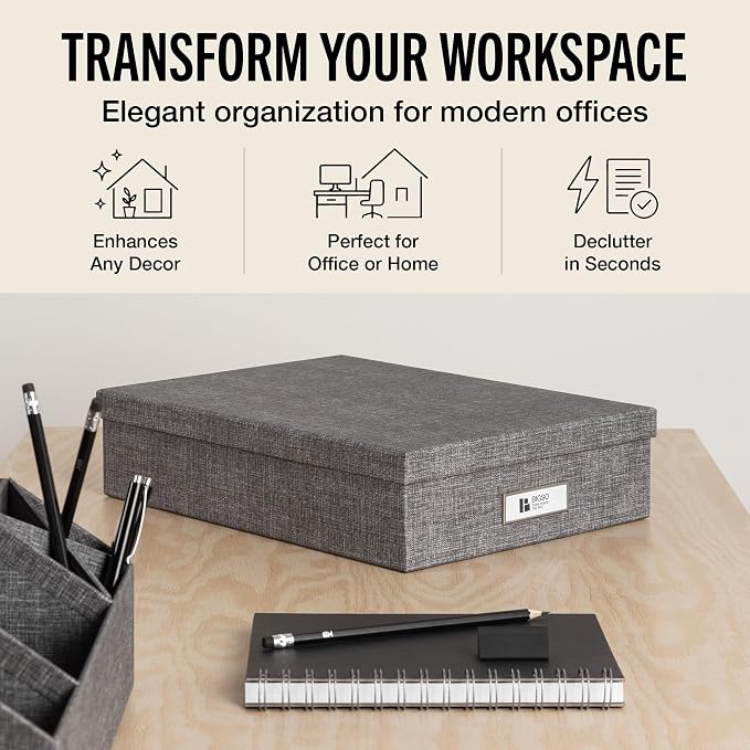 Bigso Oskar Canvas Fiberboard Document Letter Box for Important Paperwork A4 or Letter Size - Durable Keepsake Box with Lid and Metal Label Holder - 3.3in x 10.2in x 13.8in - Melange Grey - 3 Pack