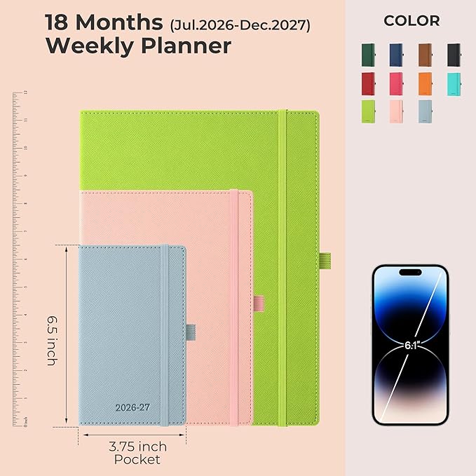 Weekly Monthly 2026-2027 Planner (July 26-Dec 27),6.5"x3.75",18 Months Agenda Plan with Month Tabs & Pocket,Expenses/Note Pages, Academic Calendar with Vegan Leather Cover,Dusty Blue