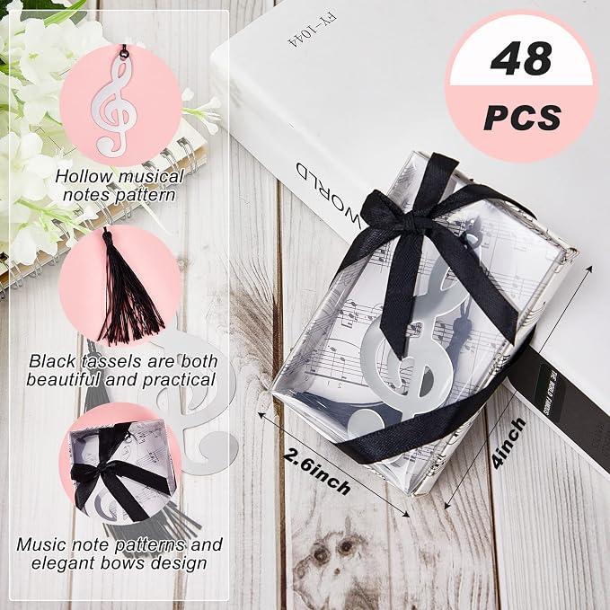 Gueevin 48 Sets Hollow Musical Notes Bookmarks with Tassels & Gift Boxes – Metal Musical Note Party Favors for Wedding, Birthday, Music Events, Classroom & Office Gifts