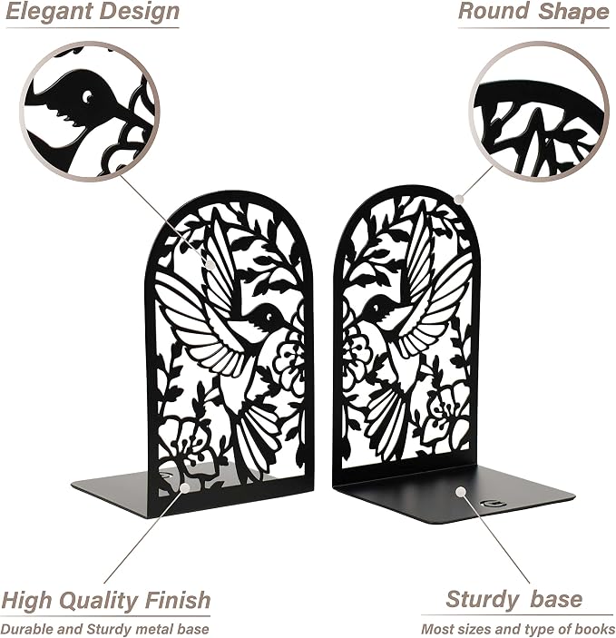 CNK Premium BookEnds - Heavy Duty Metal Book Stoppers for Home Office, Decorative Book Shelf Holders (Hummingbird Black)