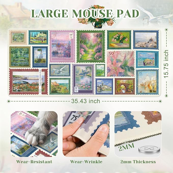 iCasso Vintage Art Desk Protector Mat, XXL Mouse Pad,Desk Matt for Desktop, Anti-Slip Big Mousepad with Stitched Edges for Aesthetic Office Decor(Sage Green)