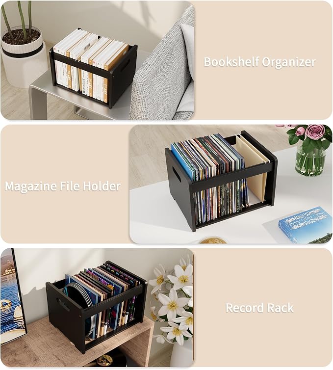 Bamboo Hanging File Organizer, Office Desk File Organizer for Letter Size, Wood Hanging File Folders Organizer Record Holder Storage Stand Bookshelf Easy Assembly, Black