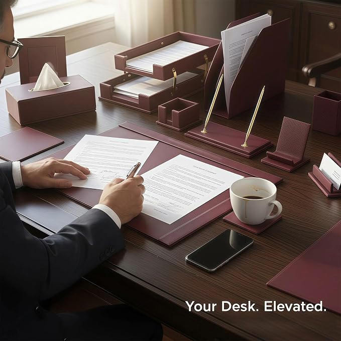 Leather Desk Set,15-Piece Desk Organizer Set, Executive Office Accessories with Desk Pad & Blotter, 2-Tier Tray, Pen Holder & More, Professional Office Desk Decor & Gift Set (Burgundy)