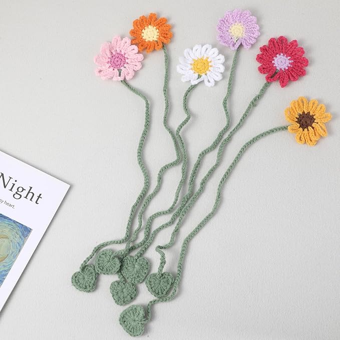 6 Pcs Crochet Bookmarks Daisy Sunflower Flower Bookmark Personalized Bookmark Cute Bookmarks for Reading Women Book Lovers and Teachers (Dark Green Stems)