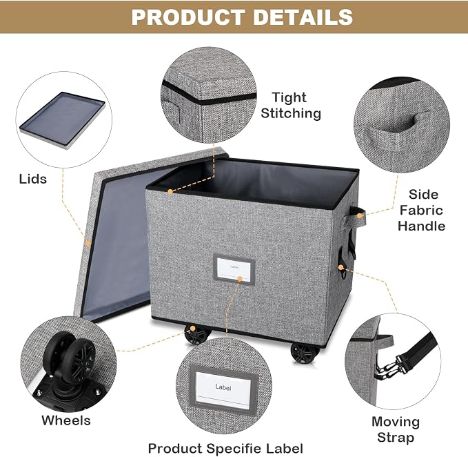Lukeline Rolling Vinyl Record Storage Box, LP Record Storage Holds up 100 Single Records, Decorative Moving Box for Records, Vinyl Storage Organizer with Tow Rope and Double Handle