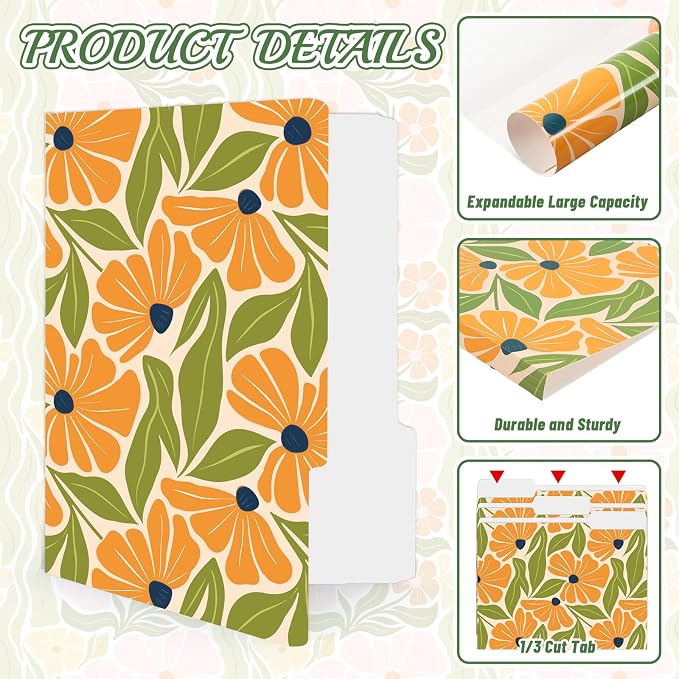 Whaline 24 Pack Boho Floral File Folders Letter Size Abstract Modern Flower File Pockets with 1/3 Cut Tab for Home Office Classroom Supplies, 8.9 x 11.6 Inch