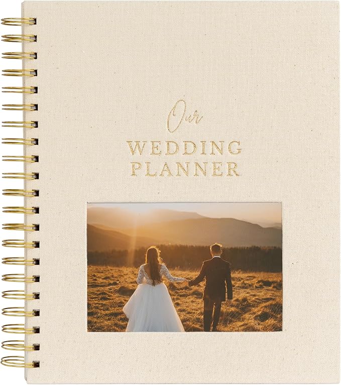 Timeless Premium Linen Wedding Planner Book and Organizer – Wedding Planning Book, Comprehensive Keepsake & Countdown Binder, Perfect Engagement Gift for Women, Customizable Front Photo Window (Cream Speckles)