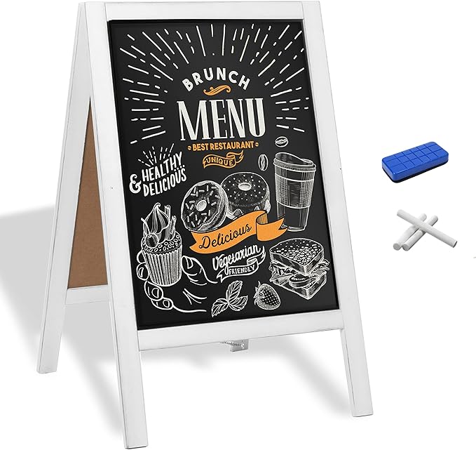 Ilyapa Wooden A-Frame Sign with Eraser & Chalk - 21 x 30 Inches Magnetic Sidewalk Chalkboard – White Menu Display for Restaurant, Business Or Wedding
