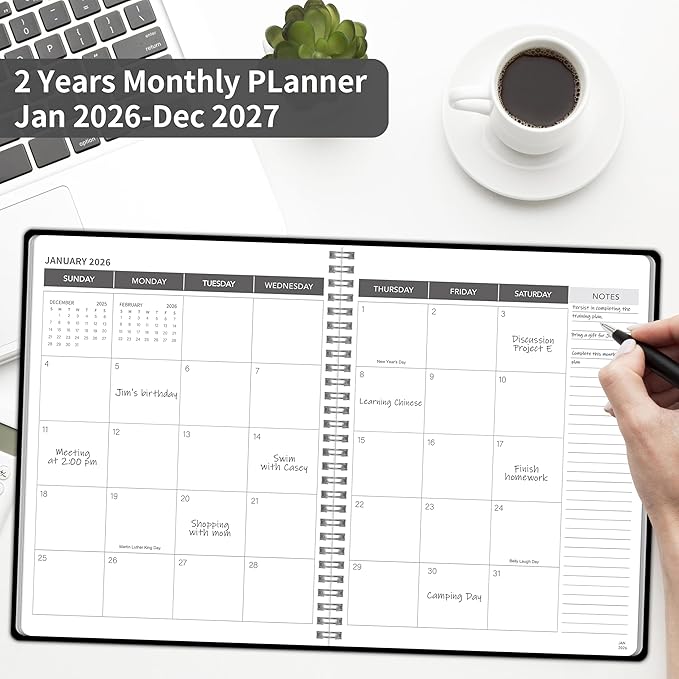 Monthly Planner 2026-2027, 2026 Calendar 24 Months Planner, Jan 2026 - Dec 2027, 8.6" x 11", Academic Calendar Hard PVC Cover with Spiral Bound, Perfect for School & Office for Women & Men