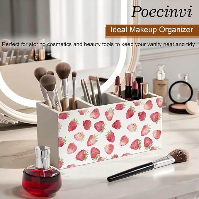 Watercolor Strawberry Pen Holder for Home Office Desk, Strawberry Lovers Gifts, Coquette Girly Fruit Aesthetic Wooden Box Sign Pencil Holder for Desk Shelf Organizer