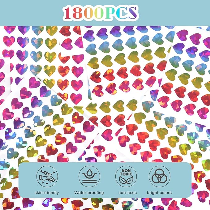 1800 Holographic Rainbow Heart Stickers，Shimmering Laser-Cut Heart Stickers，The Perfect Choice for Valentine's Day Gift Decorations，Also Ideal for Reward Charts，Teacher Reward Stickers