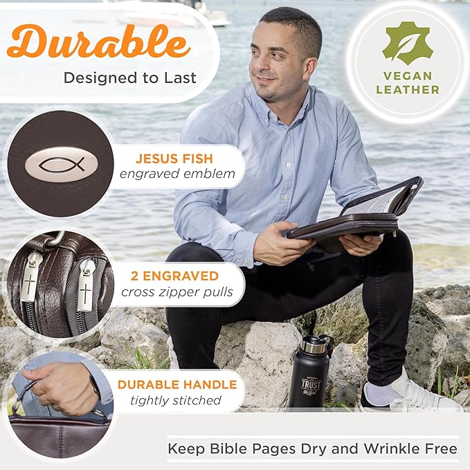Christian Art Gifts Faux Leather Bible Cover for Men and Women | Ichthus Jesus Fish Emblem Zippered Two-Fold Organizer Case for Bible or Book w/Handle