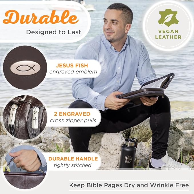 Christian Art Gifts Faux Leather Bible Cover for Men and Women | Ichthus Jesus Fish Emblem Zippered Two-Fold Organizer Case for Bible or Book w/Handle