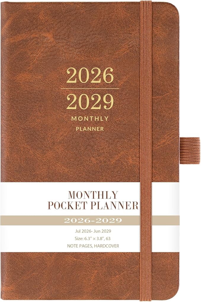 2026-2029 Monthly Pocket Planner - JUL 2026 - JUN 2029, 3 Year Calendar, Faux Leather Cover, 3.8" × 6.3", Pen Holder, 2 Bookmarks, Back Pocket
