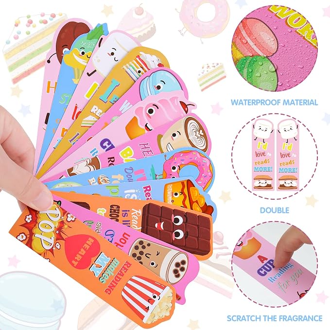 Fainne 60 Pieces Dessert Scented Bookmarks Kids Bulk Scratch and Sniff Classroom Valentines Day Back to School Bookmarks Gift Stuff for Students Christmas End of Year Graduation Birthday Favor