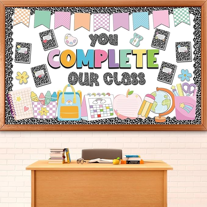 QOUBAI Composition Bulletin Board Set Welcome Classroom Bulletin Board Decoration Colorful Notebook Pencil Paper Cutouts Classroom Decorations for Back to School Office Home Chalkboard Decor Wall Door