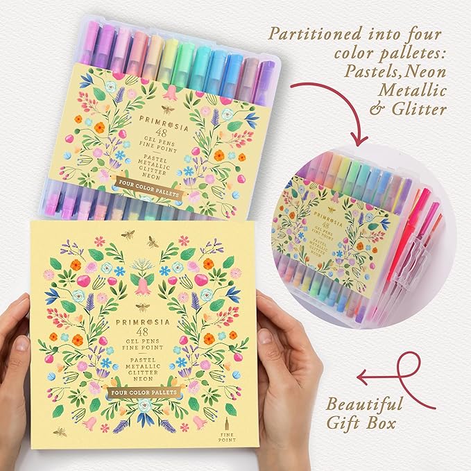 Primrosia 48 Gel Pens, inc. Metallic, Pastel, Glitter & Flourescent for Adult Coloring Book & Dot Grid Journal Pens. No-Bleed-Through in a Variety of Shades, 7.5x More Ink Fine Point Markers Set