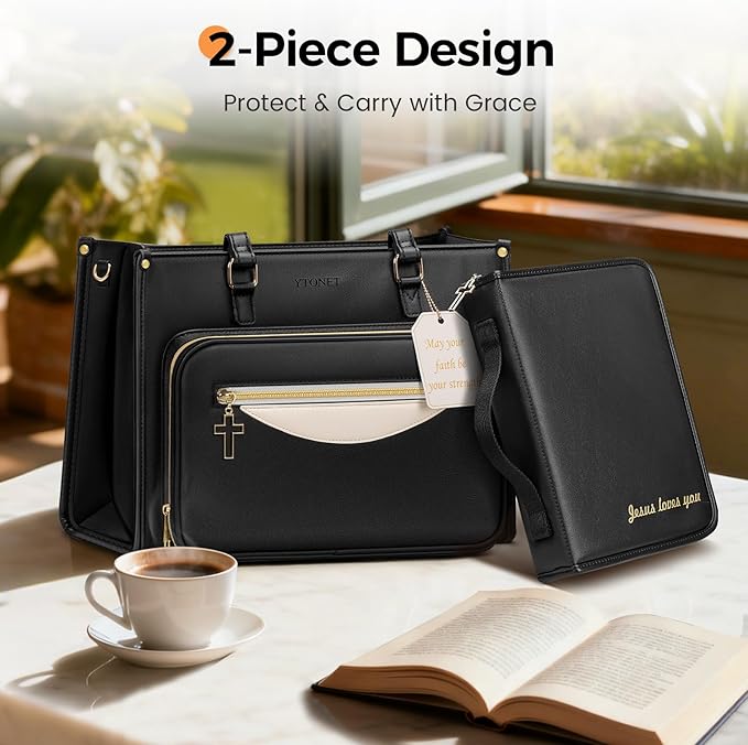 Ytonet Bible Bag with Bible Cover Case for Women, Premium PU Leather Bible Tote Bag Church Bag with Cross Zipper Design for Bible Study Supplies, Christmas Christian Gifts for Women, Black