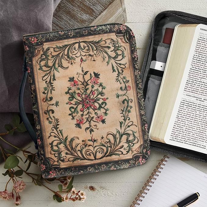 Classics Bible Case for Women Vintage Bible Cover Bags Floral Pattern with Handle Bible Cover Bag Bible Study Supplies Accessories Christian Gifts for Women-Size：M