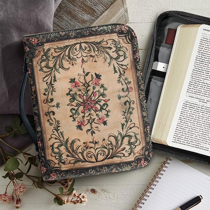 Classics Bible Case for Women Vintage Bible Cover Bags Floral Pattern with Handle Bible Cover Bag Bible Study Supplies Accessories Christian Gifts for Women-Size：2XL