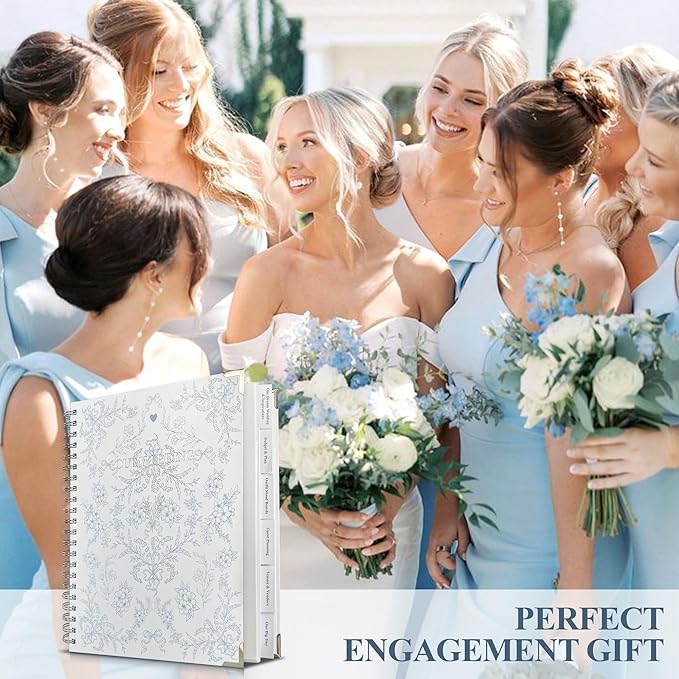 Bride Squad Wedding Planner Book and Organizer | Bridal Wedding Planner Book with Countdown Calendar & Checklists | A Thoughtful Engagement Gifts for Couples, Blue & White Floral