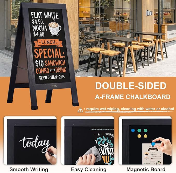 Wood Magnetic A-Frame Chalkboard Signs, 40" x 20" Large Sandwich Board Signs Outdoor, Double-Sided Sidewalk Blackboard for Business, Wedding, Vendor Display, Coffee Shope - Black