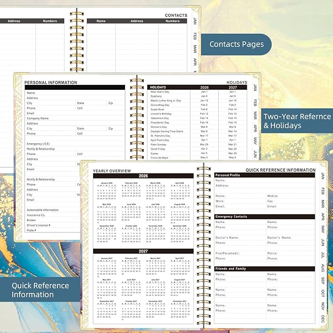 2026 Planner, Jan.2026 - Dec.2026 Weekly Monthly Planner 6.25"x8.5" with Page Tabs, Calendar Hardcover with Inner Pocket, Elastic Band, Twin-Wire Binding, Bookmark, Blue Gold Marble