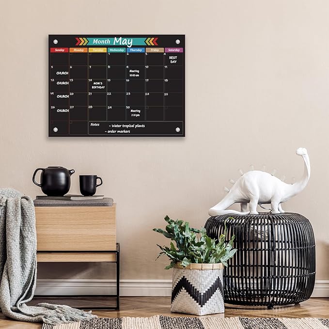 Glass Dry Erase Whiteboard, Color Monthly Calendar Whiteboard, 18" x 24",Frameless Glass White Board for Home, School, Office, Black Surface(BoLi-Color-4560)