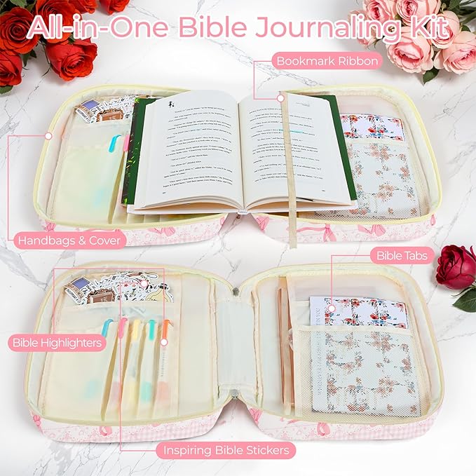WOBAGMEN Bible Cover Case for Women,Large Bible Tote Bags Organizer Quilted Carrying Case for Girls,Bible Study Supplies Accessories Christian Gifts for Women (Pink Bow, M)