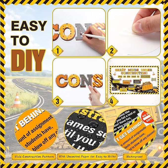 Honoson 48 Pcs Under Construction Bulletin Board Decorations Road to Success Bulletin Boards Construction Inspirational Classroom Decors for Teacher Library Classroom Chalkboard Wall Decor(Dump Truck)