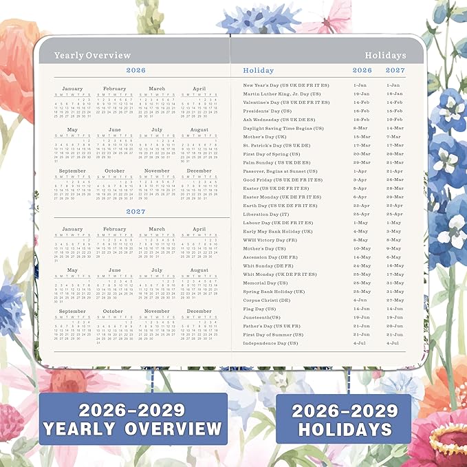 2026-2029 Pocket Calendar - Pocket Planner from Jul. 2026 to Jun. 2029, 3 Year Clendar Monthly Planner 2026-2029, 6.3" x 3.7", 60 Note Pages, Pen Holder, Pockets - Flowers