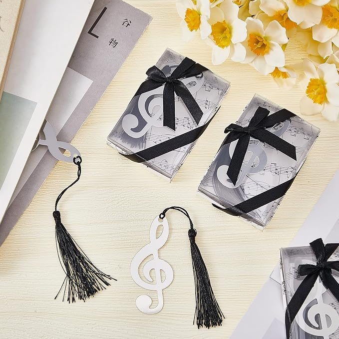 Gueevin 48 Sets Hollow Musical Notes Bookmarks with Tassels & Gift Boxes – Metal Musical Note Party Favors for Wedding, Birthday, Music Events, Classroom & Office Gifts