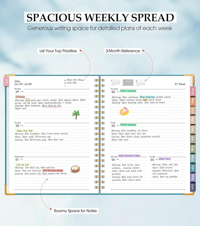 Academic Planner 2026-2027, Hardcover Leather Weekly and Monthly Calendar Planner from July 2026 - June 2027, A5 6.1" x 8.2" Daily Agenda with Tabs, College School Organizer for Student Teacher, Pacific Green
