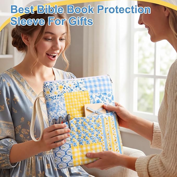 Gilprop Blue Yellow Spliced Bible Book Sleeve with Zipper 11" x 9" Padded Protector Washable Quilted Book Covers Printed Bible Pouch with Handle Pockets Protector for Books Lover Christian Gifts